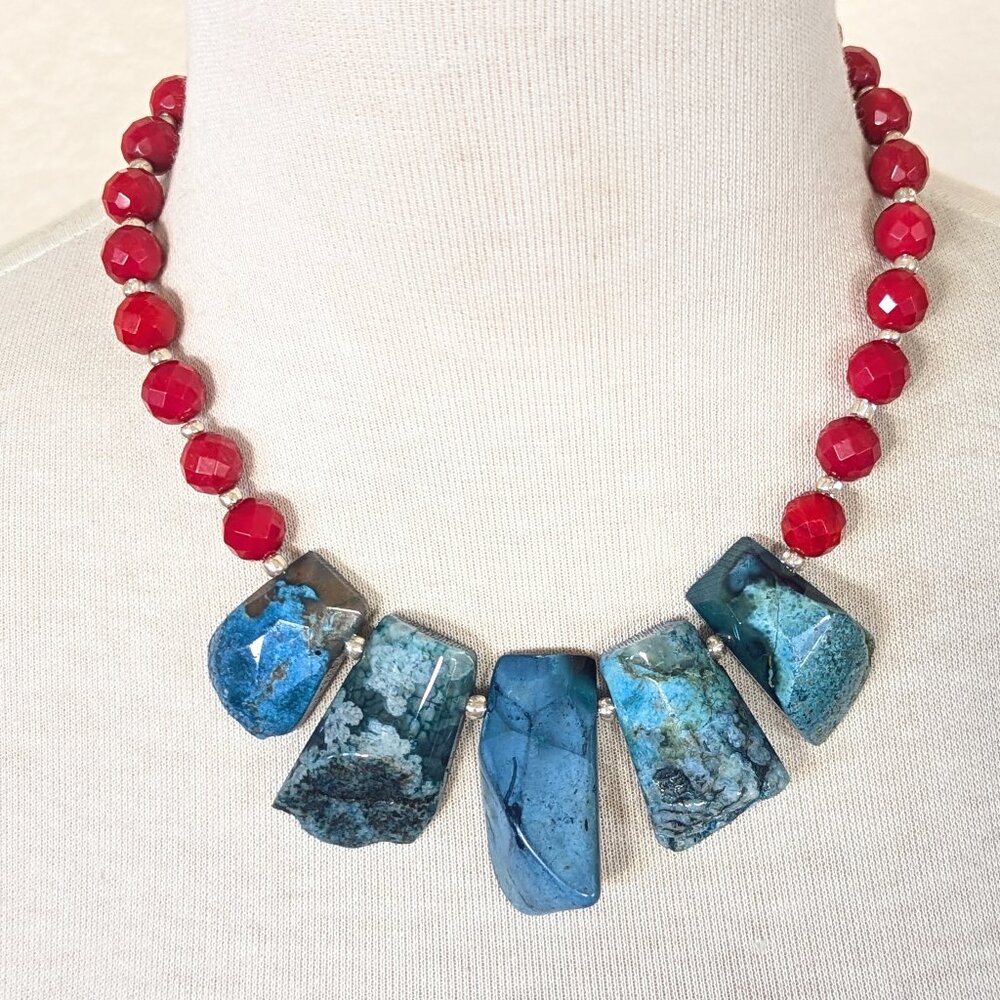 Elegant Southwestern Teal Blue & Red Coral Bib Statement Necklace